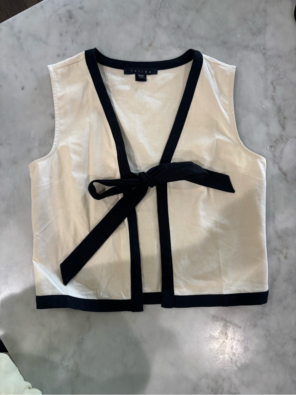 Tullea Cream Sleeveless Tie-Front with Black Trim